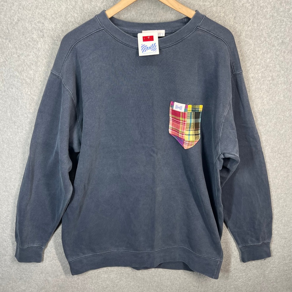 Fraternity‎ Collection Sweatshirt Women L Blue Plaid Pocket Cotton Pullover EUC